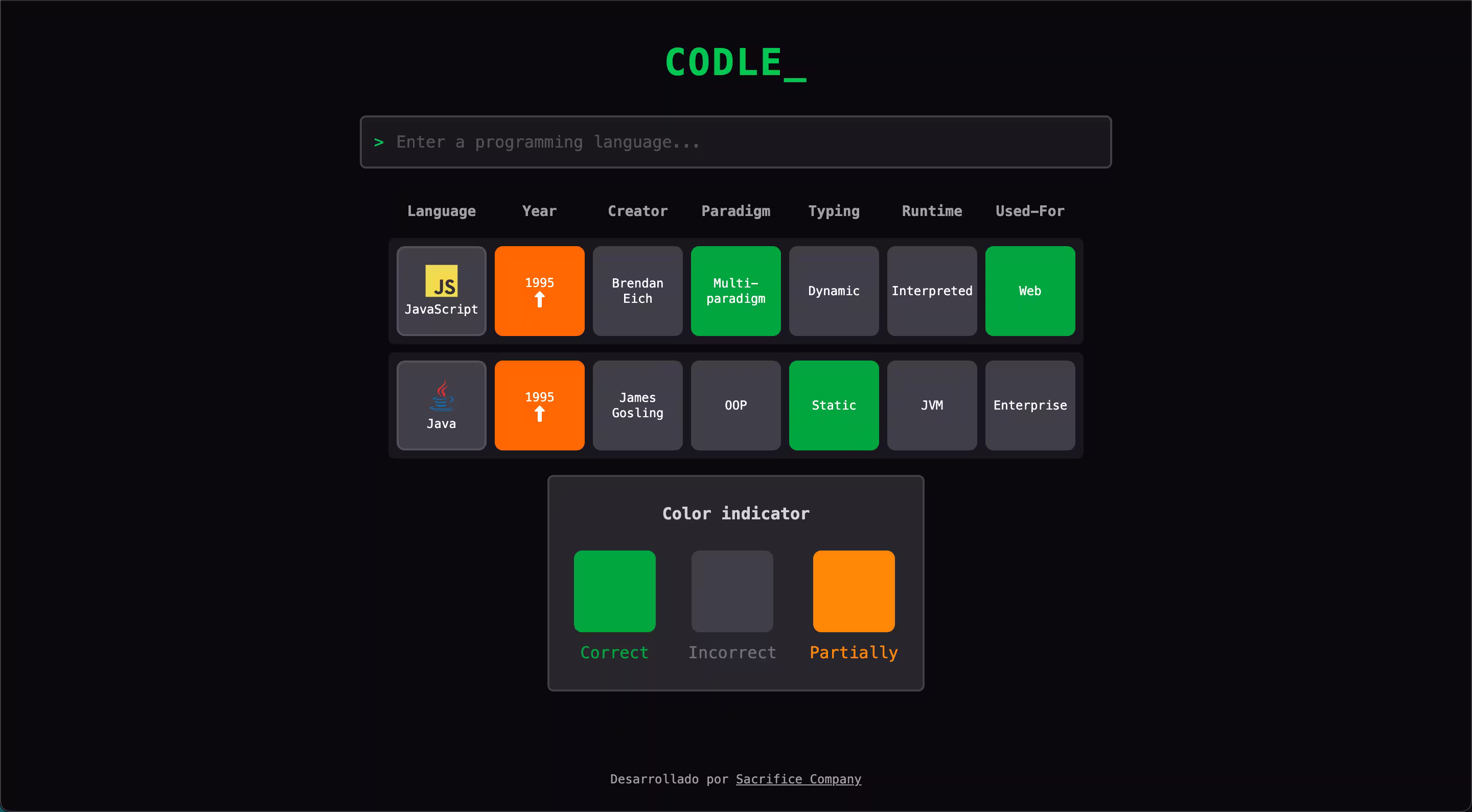 Captura de Codle — Un Wordle para programadores: adivina el lenguaje de programación con pistas.